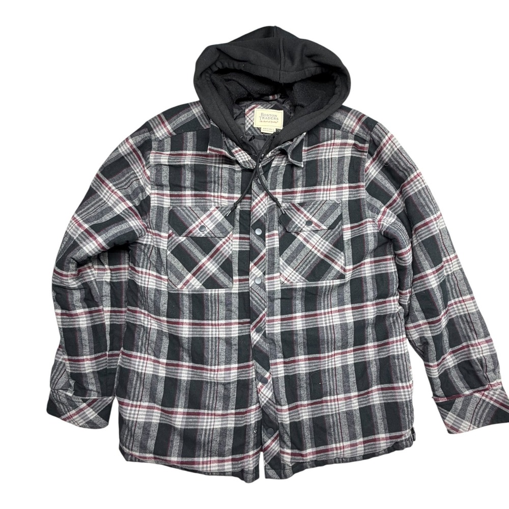 Boston Traders Mens Large Plaid Hooded Flannel Shirt Jacket Quilted Lined Black